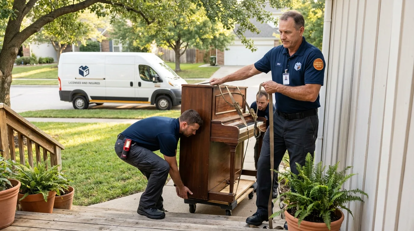 Licensed piano movers securing grand piano in Blue Springs, MO