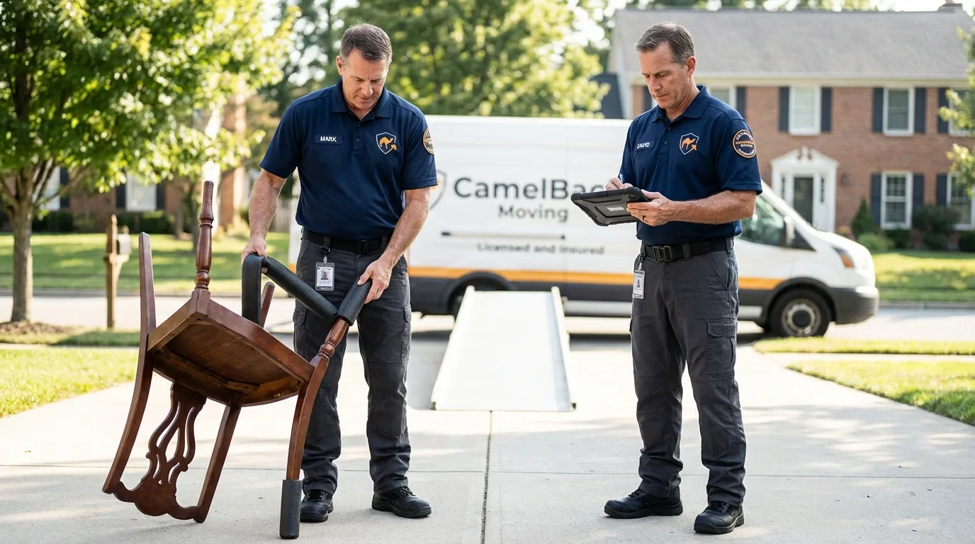 Movers inspecting furniture for damage prevention before loading in Blue Springs, MO