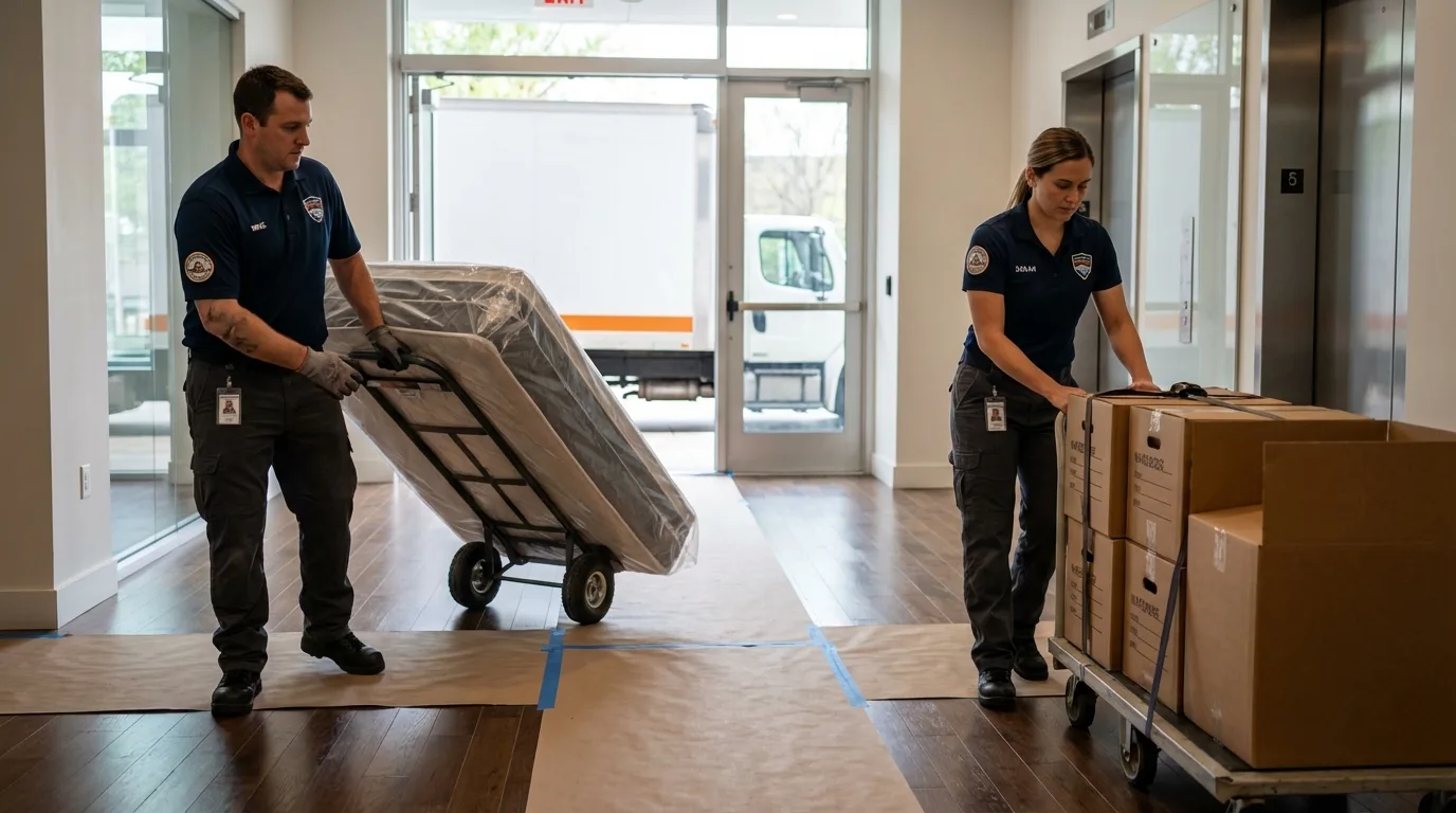 Professional apartment movers loading elevator in Blue Springs, MO