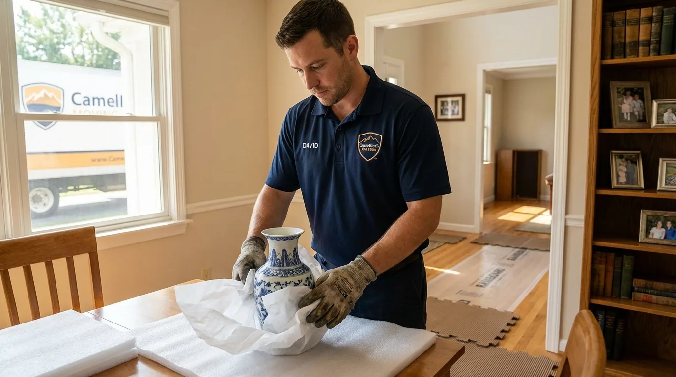 Professional crew carefully wrapping antique vase for senior downsizing move in Blue Springs, MO